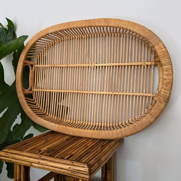 Danish Rattan Serving Tray Oval Basket Artek Albini Style 1960 MCM Era - Picture 1 of 3